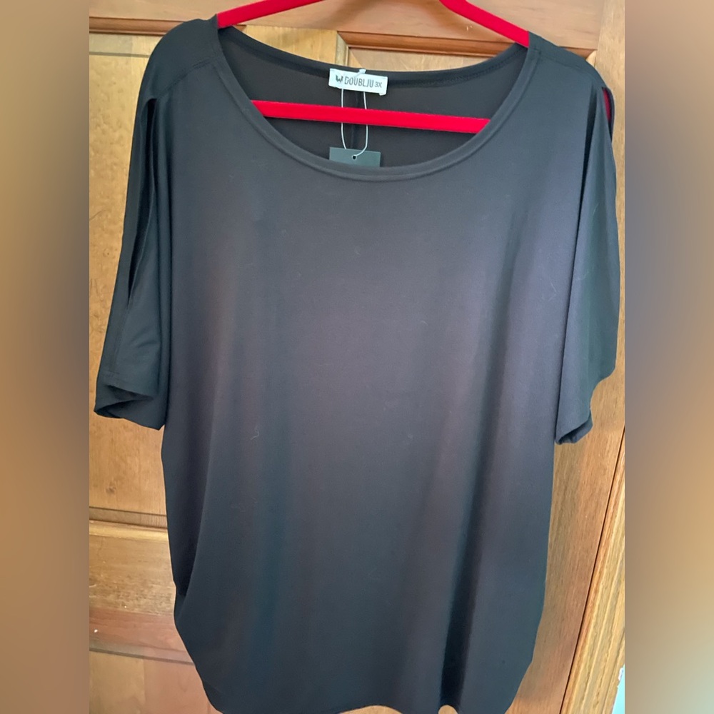 Doublju 3X Black Cold Shoulder Scoop Neck Top Rouched Waist